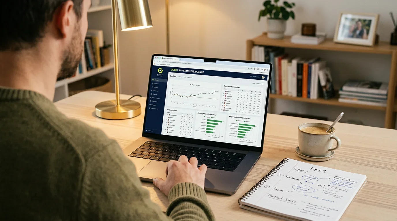 Analist bestudeert Ligue 1-statistieken en wedstrategieën op een laptop